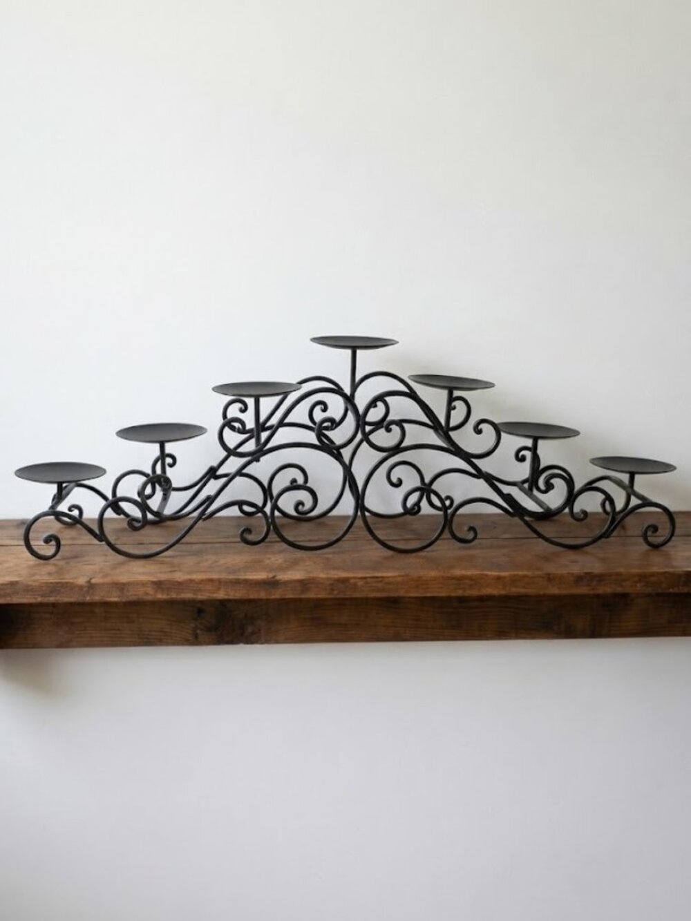 Wrought Iron Candelabra Centerpiece Black Scrollwork Tiered Candle Holder 7-Arm